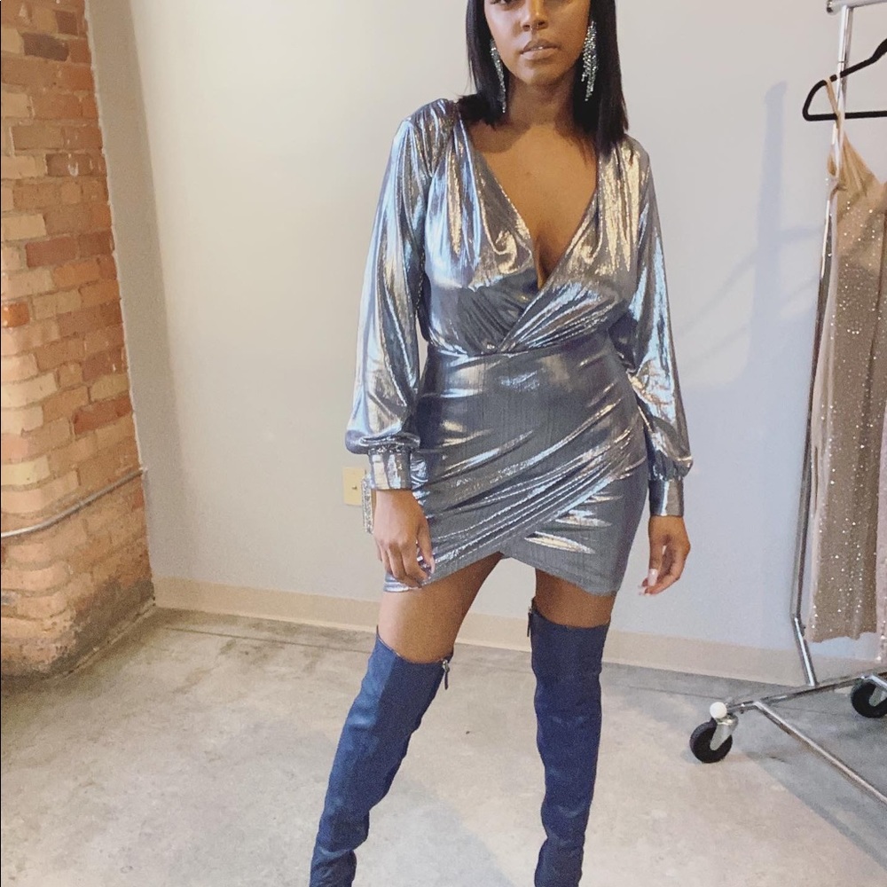 Metallic silver / blue midi dress